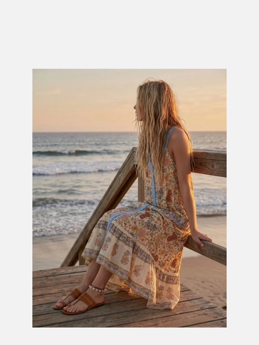 Free People Floral Maxi Dress with Pale Blue Trim